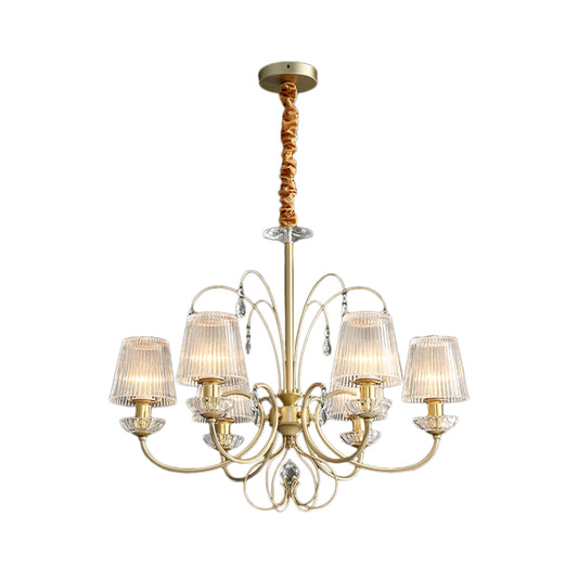 6/8/10 Lights Cone Chandelier Lamp Modern Clear Ribbed Glass Hanging Ceiling Light in Gold for Living Room Clearhalo 'Ceiling Lights' 'Chandeliers' 'Modern Chandeliers' 'Modern' Lighting' 154318