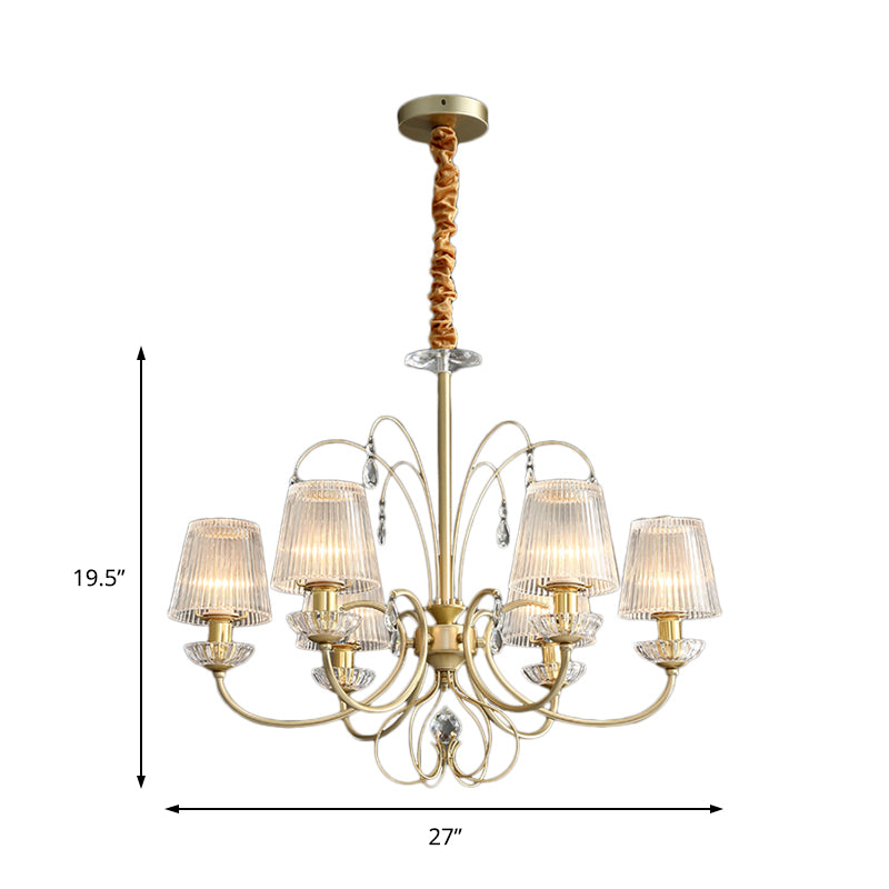 6/8/10 Lights Cone Chandelier Lamp Modern Clear Ribbed Glass Hanging Ceiling Light in Gold for Living Room Clearhalo 'Ceiling Lights' 'Chandeliers' 'Modern Chandeliers' 'Modern' Lighting' 154319