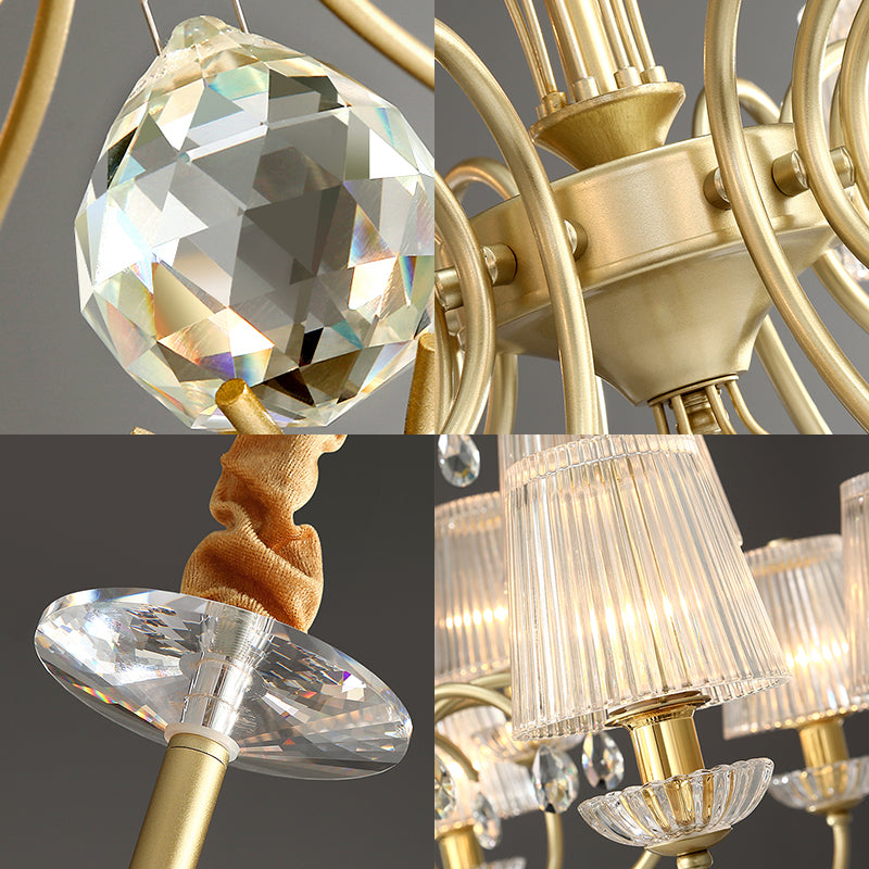 6/8/10 Lights Cone Chandelier Lamp Modern Clear Ribbed Glass Hanging Ceiling Light in Gold for Living Room Clearhalo 'Ceiling Lights' 'Chandeliers' 'Modern Chandeliers' 'Modern' Lighting' 154320