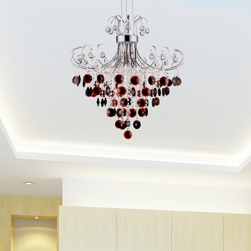 Chrome Finish Beaded Chandelier Lamp 4 Lights Modernism Burgundy Crystal Pendant Light for Bedroom Clearhalo 'Ceiling Lights' 'Chandeliers' 'Modern Chandeliers' 'Modern' Lighting' 154354