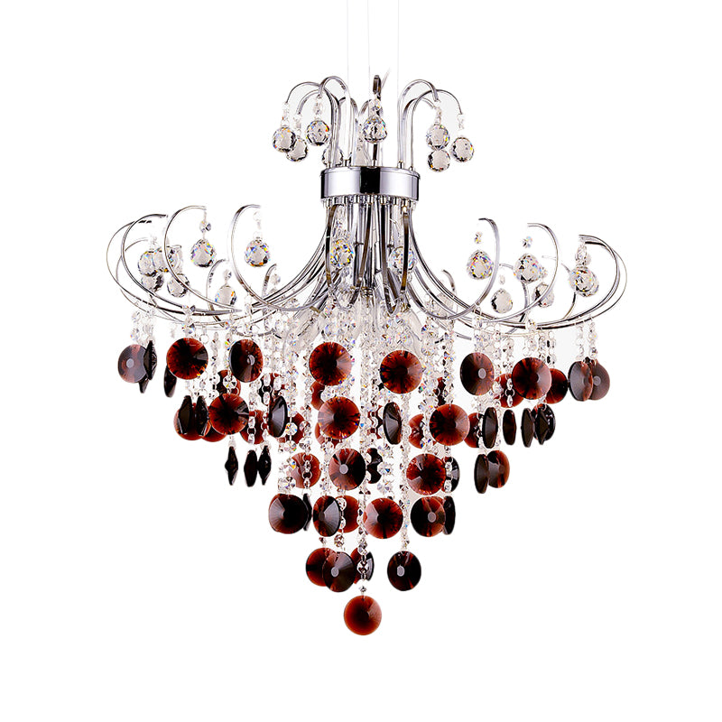 Chrome Finish Beaded Chandelier Lamp 4 Lights Modernism Burgundy Crystal Pendant Light for Bedroom Clearhalo 'Ceiling Lights' 'Chandeliers' 'Modern Chandeliers' 'Modern' Lighting' 154355