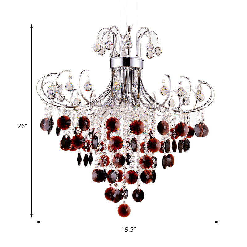 Chrome Finish Beaded Chandelier Lamp 4 Lights Modernism Burgundy Crystal Pendant Light for Bedroom Clearhalo 'Ceiling Lights' 'Chandeliers' 'Modern Chandeliers' 'Modern' Lighting' 154356