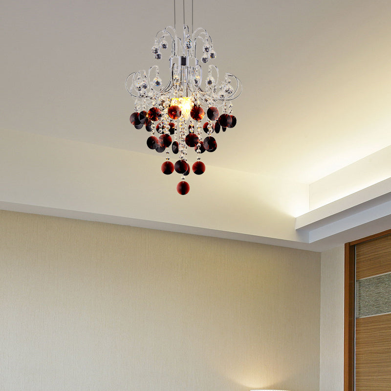 Chrome Finish Beaded Chandelier Lamp 4 Lights Modernism Burgundy Crystal Pendant Light for Bedroom Chrome 16" Clearhalo 'Ceiling Lights' 'Chandeliers' 'Modern Chandeliers' 'Modern' Lighting' 154357