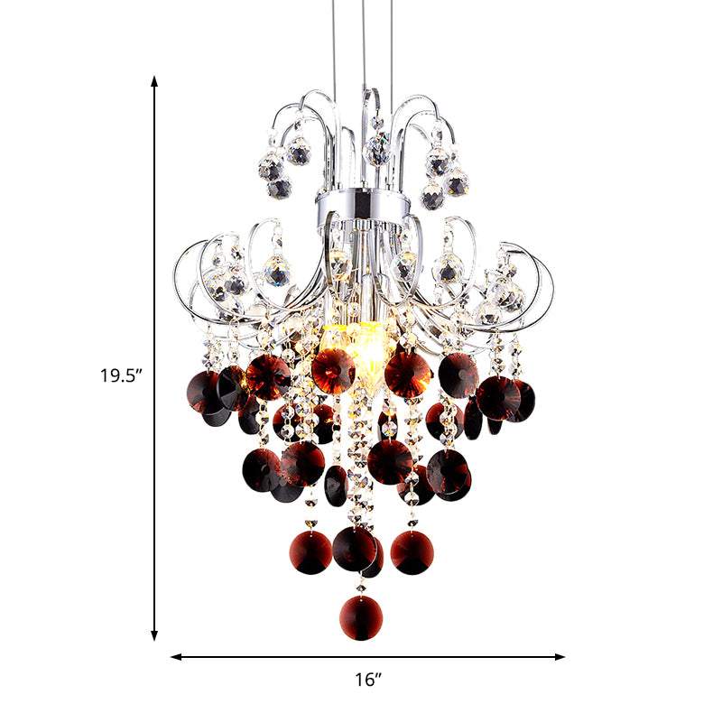 Chrome Finish Beaded Chandelier Lamp 4 Lights Modernism Burgundy Crystal Pendant Light for Bedroom Clearhalo 'Ceiling Lights' 'Chandeliers' 'Modern Chandeliers' 'Modern' Lighting' 154360