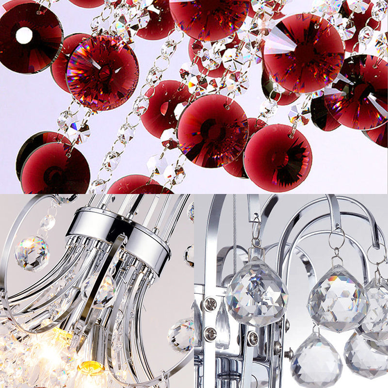 Chrome Finish Beaded Chandelier Lamp 4 Lights Modernism Burgundy Crystal Pendant Light for Bedroom Clearhalo 'Ceiling Lights' 'Chandeliers' 'Modern Chandeliers' 'Modern' Lighting' 154361