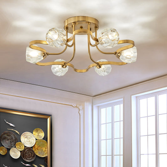 Golden Metal Semi Flush Lighting Vintage Dome 3/6 Lights Semi Flush Mount Light with Clear Crystal Shade Clearhalo 'Ceiling Lights' 'Close To Ceiling Lights' 'Close to ceiling' 'Semi-flushmount' Lighting' 154385