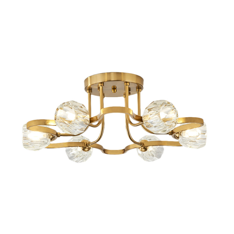 Golden Metal Semi Flush Lighting Vintage Dome 3/6 Lights Semi Flush Mount Light with Clear Crystal Shade Clearhalo 'Ceiling Lights' 'Close To Ceiling Lights' 'Close to ceiling' 'Semi-flushmount' Lighting' 154386