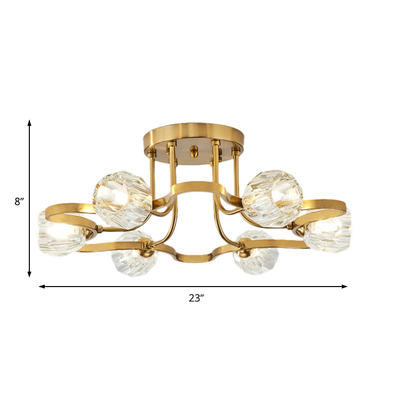 Golden Metal Semi Flush Lighting Vintage Dome 3/6 Lights Semi Flush Mount Light with Clear Crystal Shade Clearhalo 'Ceiling Lights' 'Close To Ceiling Lights' 'Close to ceiling' 'Semi-flushmount' Lighting' 154387