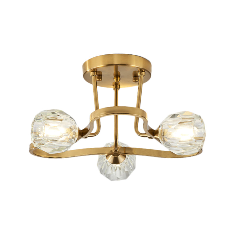 Golden Metal Semi Flush Lighting Vintage Dome 3/6 Lights Semi Flush Mount Light with Clear Crystal Shade Clearhalo 'Ceiling Lights' 'Close To Ceiling Lights' 'Close to ceiling' 'Semi-flushmount' Lighting' 154390