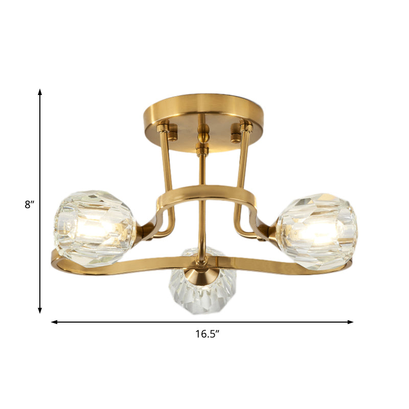 Golden Metal Semi Flush Lighting Vintage Dome 3/6 Lights Semi Flush Mount Light with Clear Crystal Shade Clearhalo 'Ceiling Lights' 'Close To Ceiling Lights' 'Close to ceiling' 'Semi-flushmount' Lighting' 154391