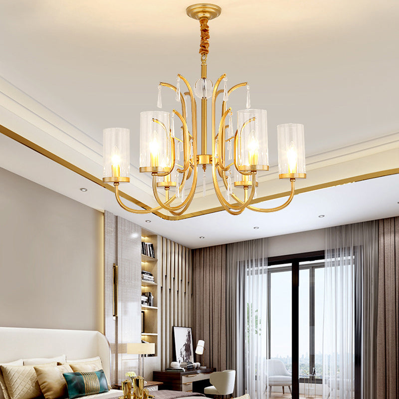 Modernism Cylinder Pendant Light Clear Glass 4/6/8 Lights Chandelier Lamp with Crystal Accent in Gold Finish 6 Gold Clearhalo 'Ceiling Lights' 'Chandeliers' 'Modern Chandeliers' 'Modern' Lighting' 154403