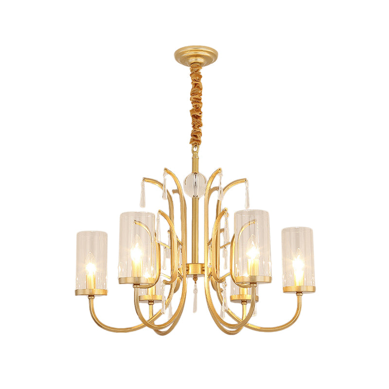 Modernism Cylinder Pendant Light Clear Glass 4/6/8 Lights Chandelier Lamp with Crystal Accent in Gold Finish Clearhalo 'Ceiling Lights' 'Chandeliers' 'Modern Chandeliers' 'Modern' Lighting' 154405