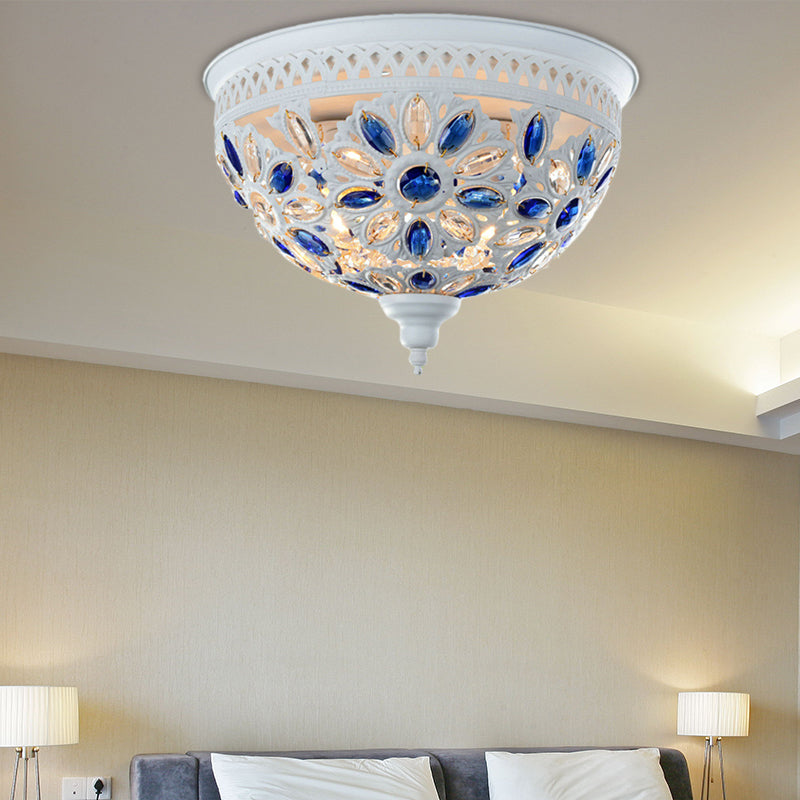 Modernist Bowl Flush Mount Lighting Metal 2 Lights Close to Ceiling Light with Crystal Gem in White/Blue Clearhalo 'Ceiling Lights' 'Close To Ceiling Lights' 'Close to ceiling' 'Flush mount' Lighting' 154415