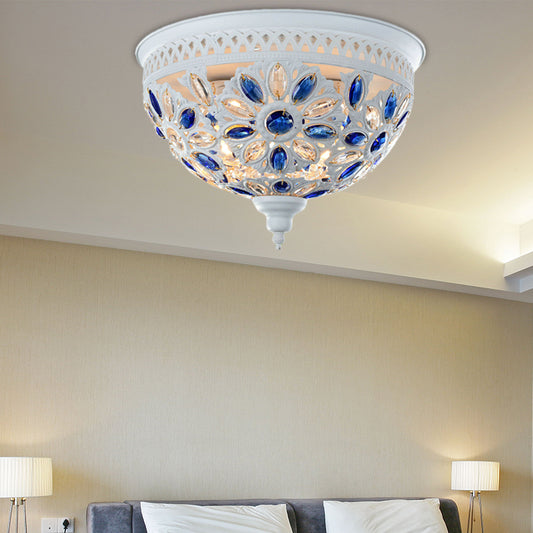 Modernist Bowl Flush Mount Lighting Metal 2 Lights Close to Ceiling Light with Crystal Gem in White/Blue Clearhalo 'Ceiling Lights' 'Close To Ceiling Lights' 'Close to ceiling' 'Flush mount' Lighting' 154415