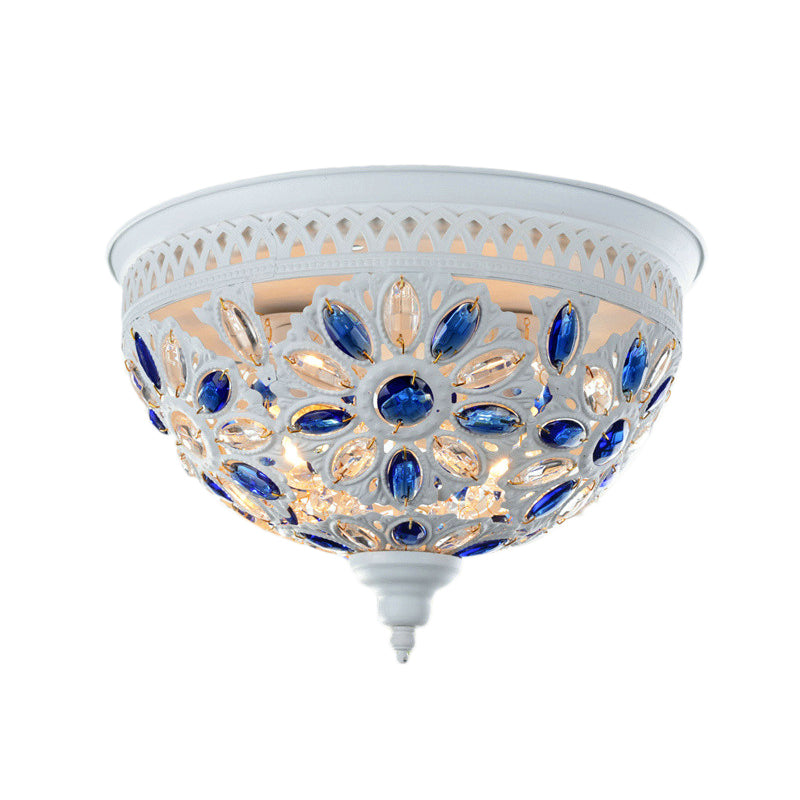 Modernist Bowl Flush Mount Lighting Metal 2 Lights Close to Ceiling Light with Crystal Gem in White/Blue Clearhalo 'Ceiling Lights' 'Close To Ceiling Lights' 'Close to ceiling' 'Flush mount' Lighting' 154417