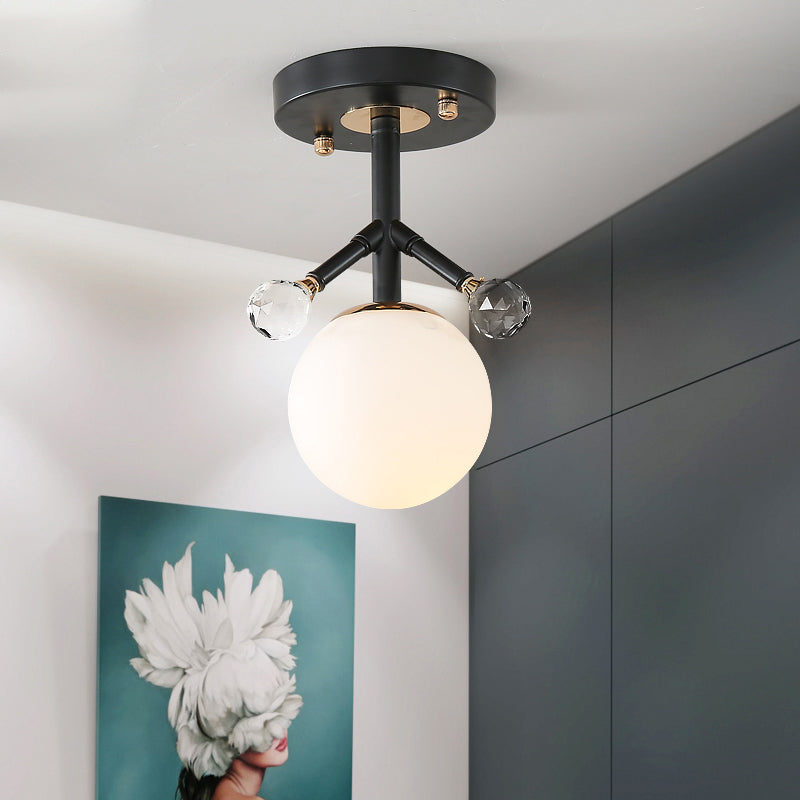 1 Light Globe Semi Flush Lighting Modern White Glass and Metal Ceiling Lighting with Crystal Ball Deco Clearhalo 'Ceiling Lights' 'Close To Ceiling Lights' 'Close to ceiling' 'Semi-flushmount' Lighting' 154424