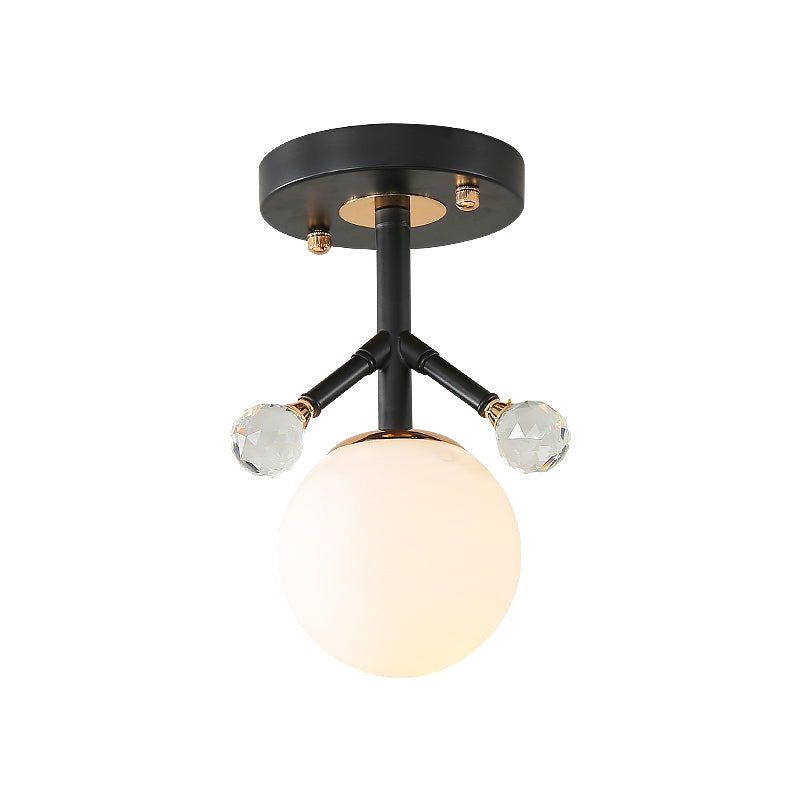 1 Light Globe Semi Flush Lighting Modern White Glass and Metal Ceiling Lighting with Crystal Ball Deco Clearhalo 'Ceiling Lights' 'Close To Ceiling Lights' 'Close to ceiling' 'Semi-flushmount' Lighting' 154425