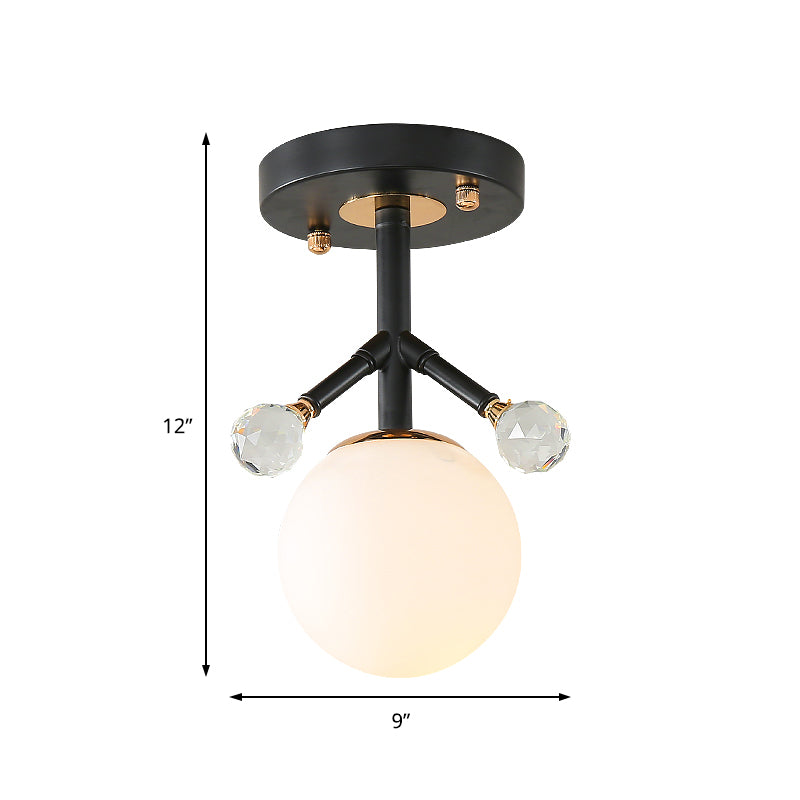 1 Light Globe Semi Flush Lighting Modern White Glass and Metal Ceiling Lighting with Crystal Ball Deco Clearhalo 'Ceiling Lights' 'Close To Ceiling Lights' 'Close to ceiling' 'Semi-flushmount' Lighting' 154426