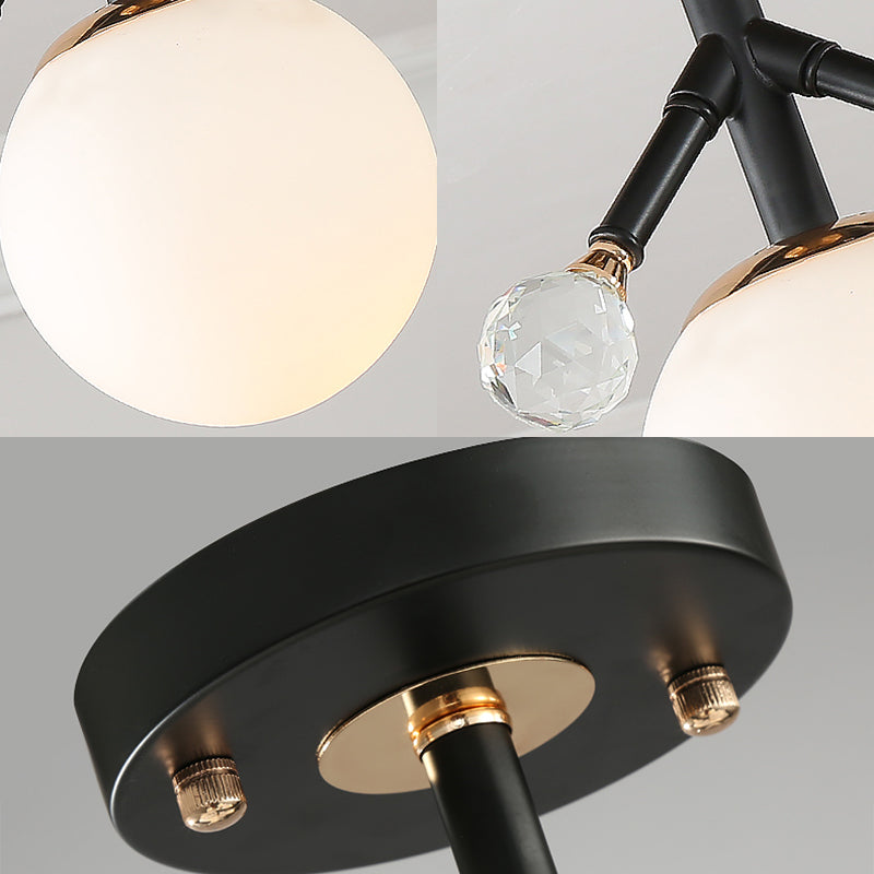 1 Light Globe Semi Flush Lighting Modern White Glass and Metal Ceiling Lighting with Crystal Ball Deco Clearhalo 'Ceiling Lights' 'Close To Ceiling Lights' 'Close to ceiling' 'Semi-flushmount' Lighting' 154427