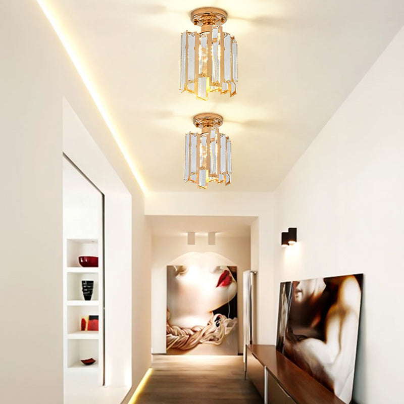 1 Light Golden Semi Flush Light Contemporary Cylinder Ceiling Light Fixture with Crystal Block in Gold Gold Clearhalo 'Ceiling Lights' 'Close To Ceiling Lights' 'Close to ceiling' 'Semi-flushmount' Lighting' 154433