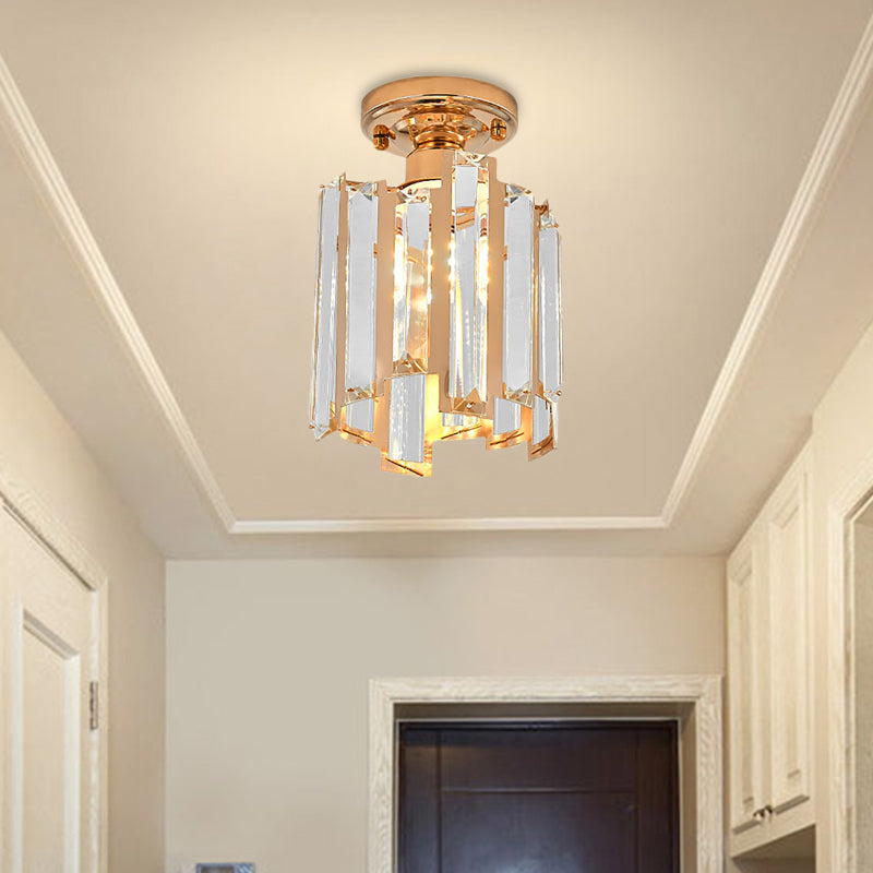 1 Light Golden Semi Flush Light Contemporary Cylinder Ceiling Light Fixture with Crystal Block in Gold Clearhalo 'Ceiling Lights' 'Close To Ceiling Lights' 'Close to ceiling' 'Semi-flushmount' Lighting' 154434