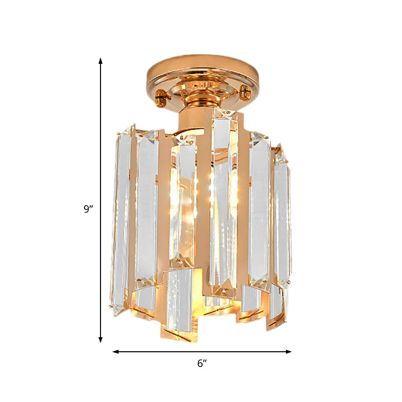 1 Light Golden Semi Flush Light Contemporary Cylinder Ceiling Light Fixture with Crystal Block in Gold Clearhalo 'Ceiling Lights' 'Close To Ceiling Lights' 'Close to ceiling' 'Semi-flushmount' Lighting' 154436