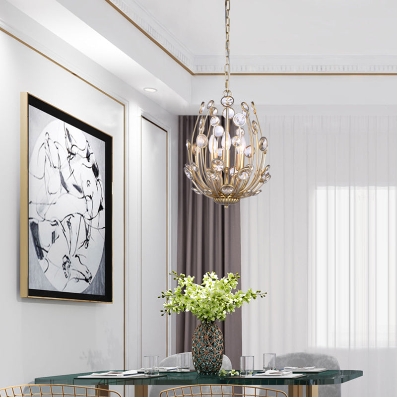 3 Lights Floral Chandelier Lighting Modern Style Metal and Crystal Hanging Light Fixture in Gold for Dining Room Gold Clearhalo 'Ceiling Lights' 'Chandeliers' 'Modern Chandeliers' 'Modern' Lighting' 154449