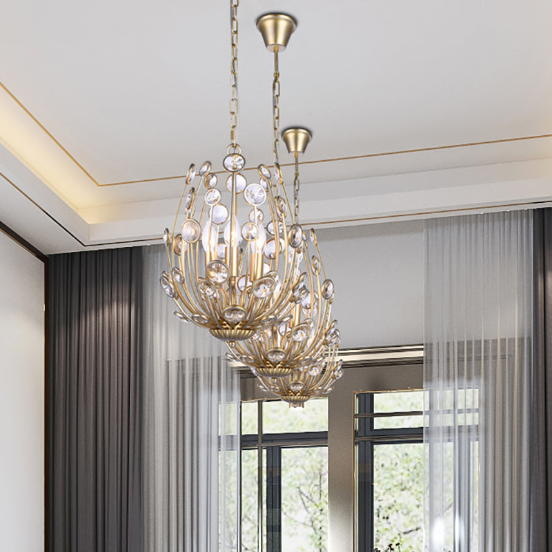 3 Lights Floral Chandelier Lighting Modern Style Metal and Crystal Hanging Light Fixture in Gold for Dining Room Clearhalo 'Ceiling Lights' 'Chandeliers' 'Modern Chandeliers' 'Modern' Lighting' 154450