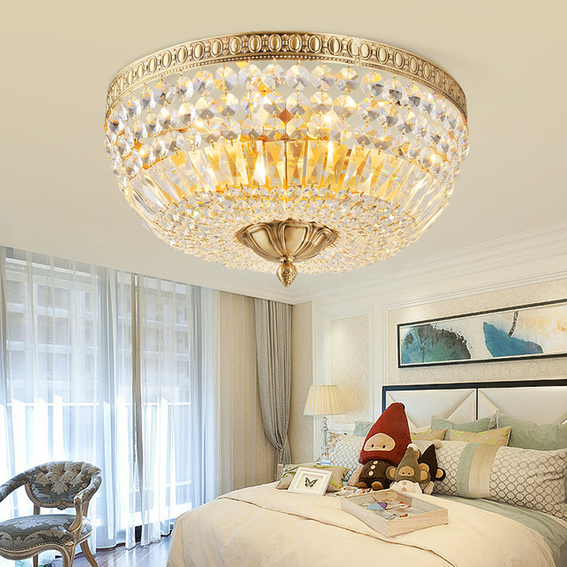 3 Lights Metal Ceiling Mounted Light Vintage Golden Bowl Shade Flush Ceiling Light with Clear Crystal Deco Clearhalo 'Ceiling Lights' 'Close To Ceiling Lights' 'Close to ceiling' 'Flush mount' Lighting' 154483