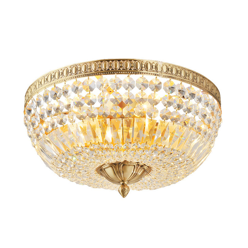 3 Lights Metal Ceiling Mounted Light Vintage Golden Bowl Shade Flush Ceiling Light with Clear Crystal Deco Clearhalo 'Ceiling Lights' 'Close To Ceiling Lights' 'Close to ceiling' 'Flush mount' Lighting' 154484