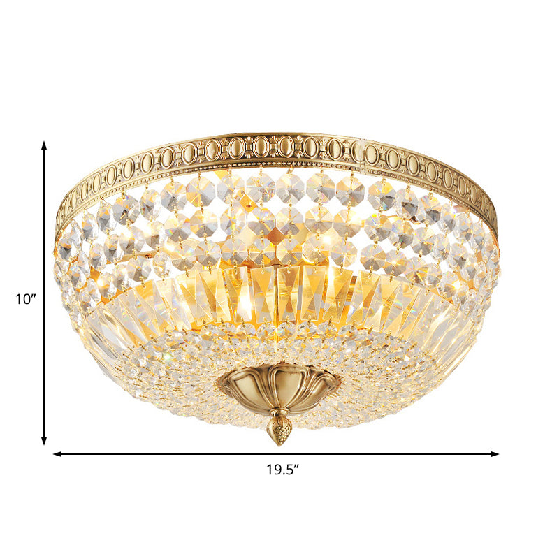 3 Lights Metal Ceiling Mounted Light Vintage Golden Bowl Shade Flush Ceiling Light with Clear Crystal Deco Clearhalo 'Ceiling Lights' 'Close To Ceiling Lights' 'Close to ceiling' 'Flush mount' Lighting' 154485