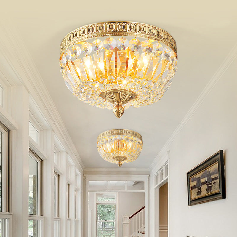 3 Lights Metal Ceiling Mounted Light Vintage Golden Bowl Shade Flush Ceiling Light with Clear Crystal Deco Gold 12" Clearhalo 'Ceiling Lights' 'Close To Ceiling Lights' 'Close to ceiling' 'Flush mount' Lighting' 154486