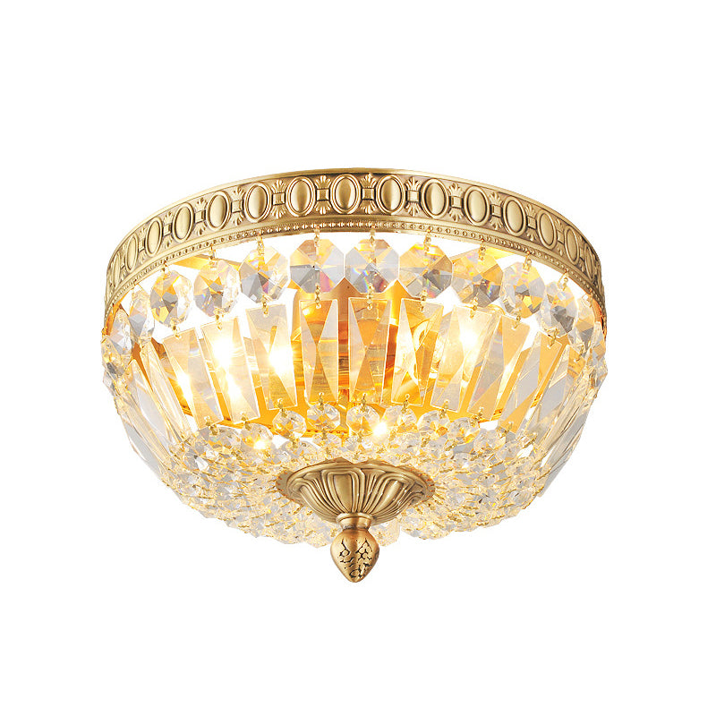 3 Lights Metal Ceiling Mounted Light Vintage Golden Bowl Shade Flush Ceiling Light with Clear Crystal Deco Clearhalo 'Ceiling Lights' 'Close To Ceiling Lights' 'Close to ceiling' 'Flush mount' Lighting' 154488