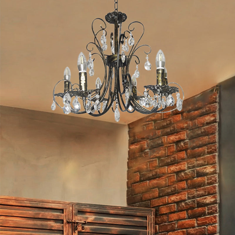 Rustic Style Candle Chandelier Lighting Wrought Iron 6 Lights Suspension Lamp with Crystal Accent in Brass Clearhalo 'Ceiling Lights' 'Chandeliers' 'Modern Chandeliers' 'Modern' Lighting' 154496