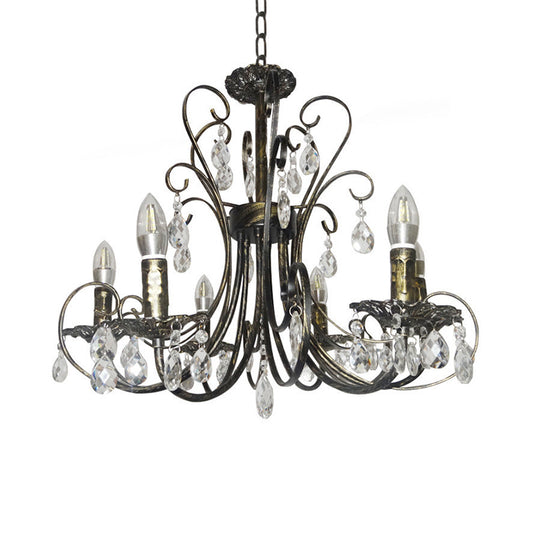 Rustic Style Candle Chandelier Lighting Wrought Iron 6 Lights Suspension Lamp with Crystal Accent in Brass Clearhalo 'Ceiling Lights' 'Chandeliers' 'Modern Chandeliers' 'Modern' Lighting' 154497