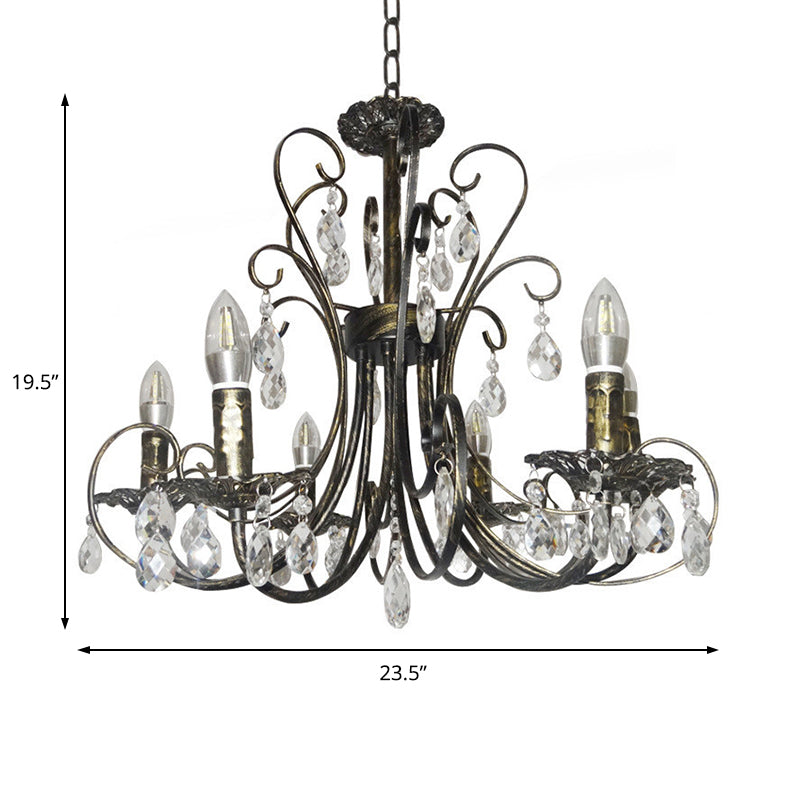 Rustic Style Candle Chandelier Lighting Wrought Iron 6 Lights Suspension Lamp with Crystal Accent in Brass Clearhalo 'Ceiling Lights' 'Chandeliers' 'Modern Chandeliers' 'Modern' Lighting' 154498