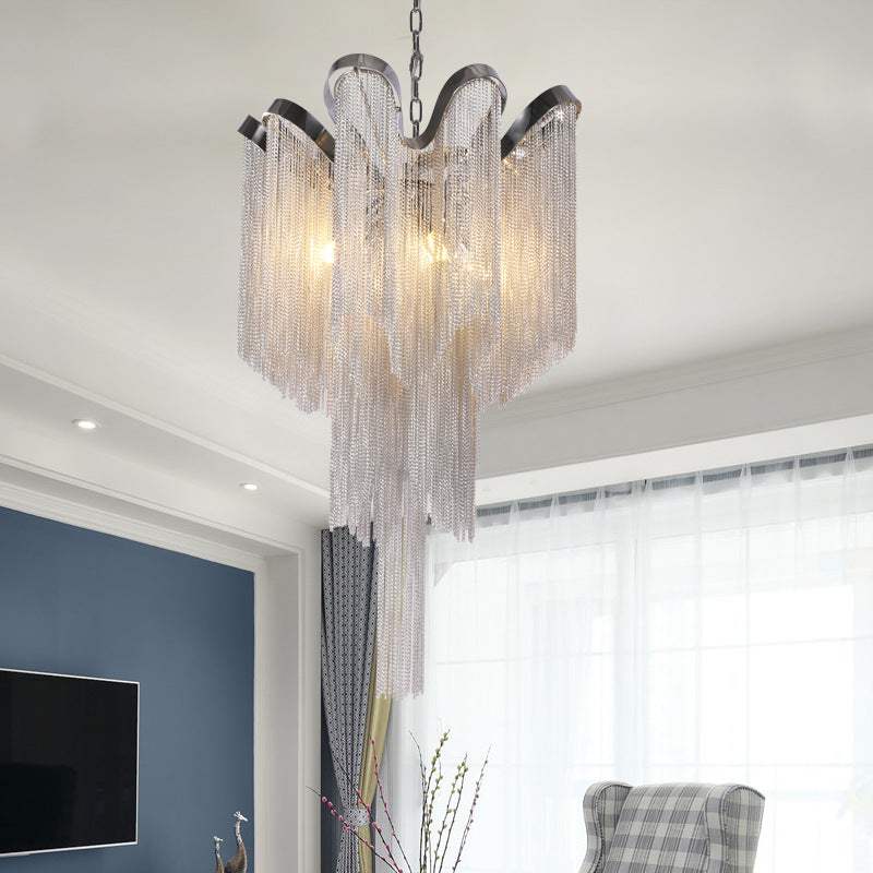 Tassel Metal Chandelier Modernist Nordic Style 4 Lights Silver Hanging Ceiling Light Fixture Clearhalo 'Ceiling Lights' 'Chandeliers' 'Modern Chandeliers' 'Modern' Lighting' 154501