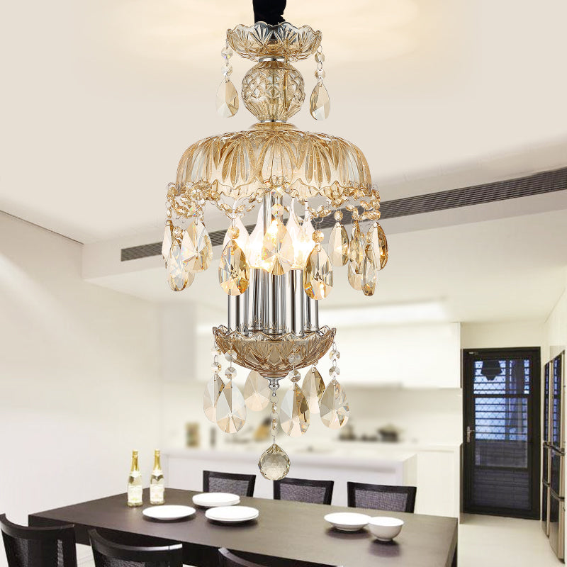 Crystal Teardrop Pendant Light Vintage Style 4 Lights Hanging Ceiling Light with Glass Shade in Amber Amber Clearhalo 'Ceiling Lights' 'Chandeliers' 'Modern Chandeliers' 'Modern' Lighting' 154506