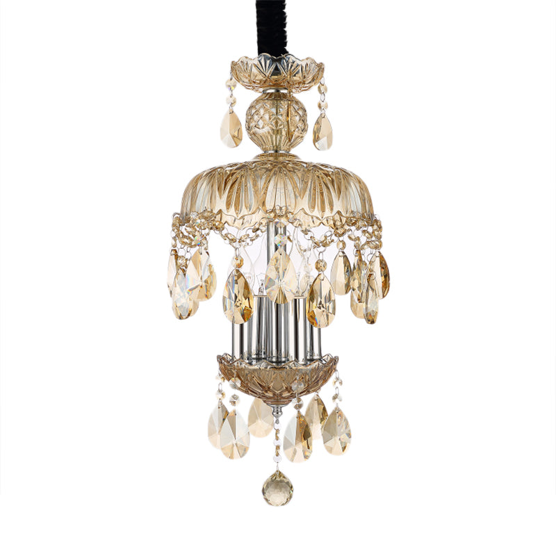 Crystal Teardrop Pendant Light Vintage Style 4 Lights Hanging Ceiling Light with Glass Shade in Amber Clearhalo 'Ceiling Lights' 'Chandeliers' 'Modern Chandeliers' 'Modern' Lighting' 154507