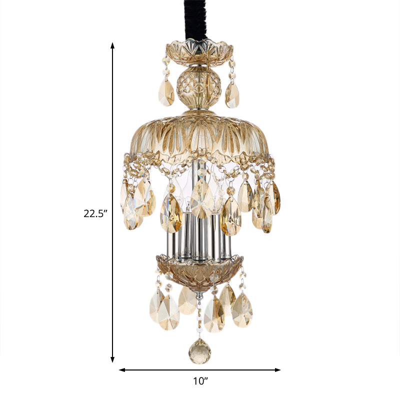 Crystal Teardrop Pendant Light Vintage Style 4 Lights Hanging Ceiling Light with Glass Shade in Amber Clearhalo 'Ceiling Lights' 'Chandeliers' 'Modern Chandeliers' 'Modern' Lighting' 154508