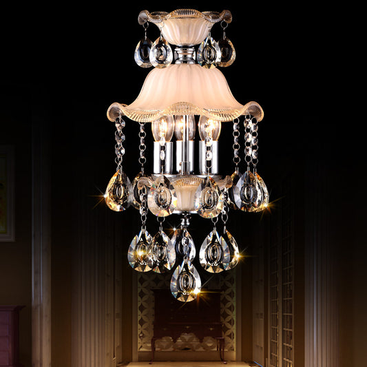 3 Lights Ruffled Edge Hanging Lamp Modern Frosted Glass Ceiling Chandelier Light with Clear Crystal Deco in Champagne Champagne Clearhalo 'Ceiling Lights' 'Chandeliers' 'Modern Chandeliers' 'Modern' Lighting' 154523