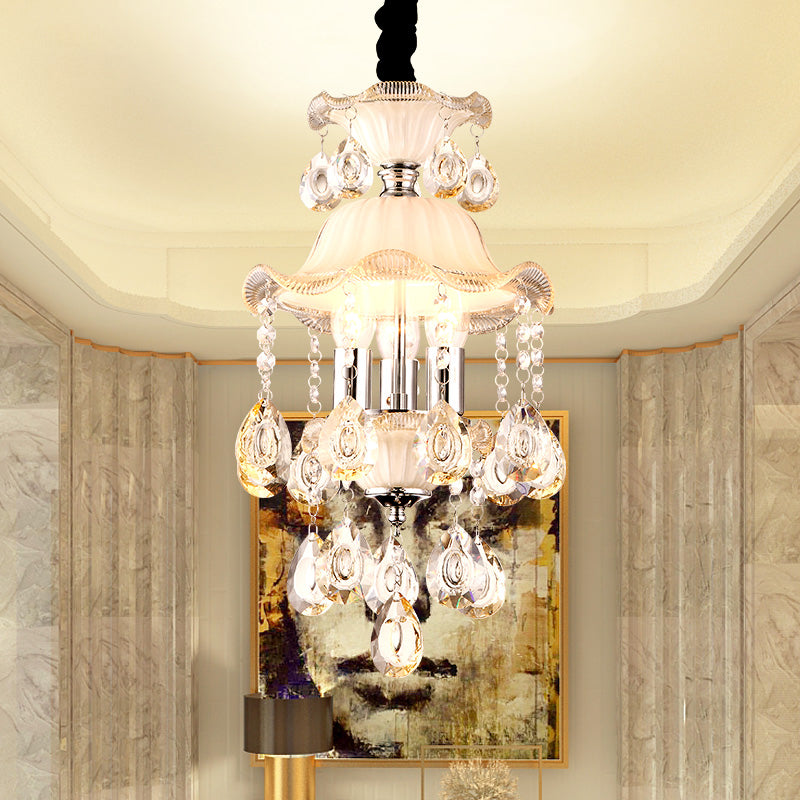 3 Lights Ruffled Edge Hanging Lamp Modern Frosted Glass Ceiling Chandelier Light with Clear Crystal Deco in Champagne Clearhalo 'Ceiling Lights' 'Chandeliers' 'Modern Chandeliers' 'Modern' Lighting' 154524