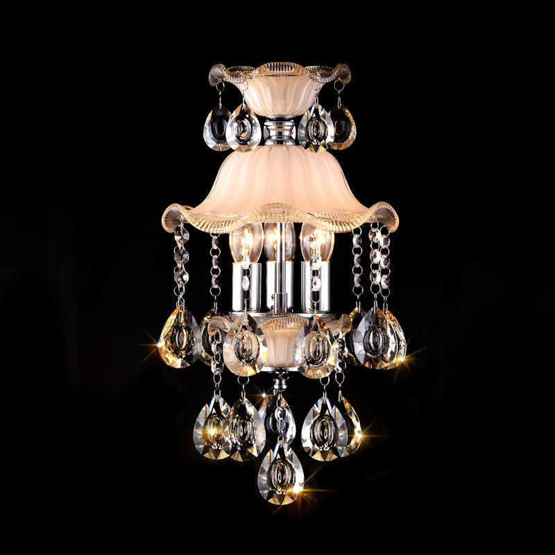 3 Lights Ruffled Edge Hanging Lamp Modern Frosted Glass Ceiling Chandelier Light with Clear Crystal Deco in Champagne Clearhalo 'Ceiling Lights' 'Chandeliers' 'Modern Chandeliers' 'Modern' Lighting' 154525