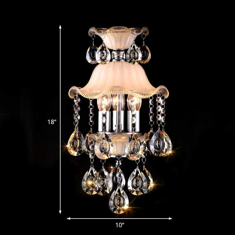 3 Lights Ruffled Edge Hanging Lamp Modern Frosted Glass Ceiling Chandelier Light with Clear Crystal Deco in Champagne Clearhalo 'Ceiling Lights' 'Chandeliers' 'Modern Chandeliers' 'Modern' Lighting' 154526