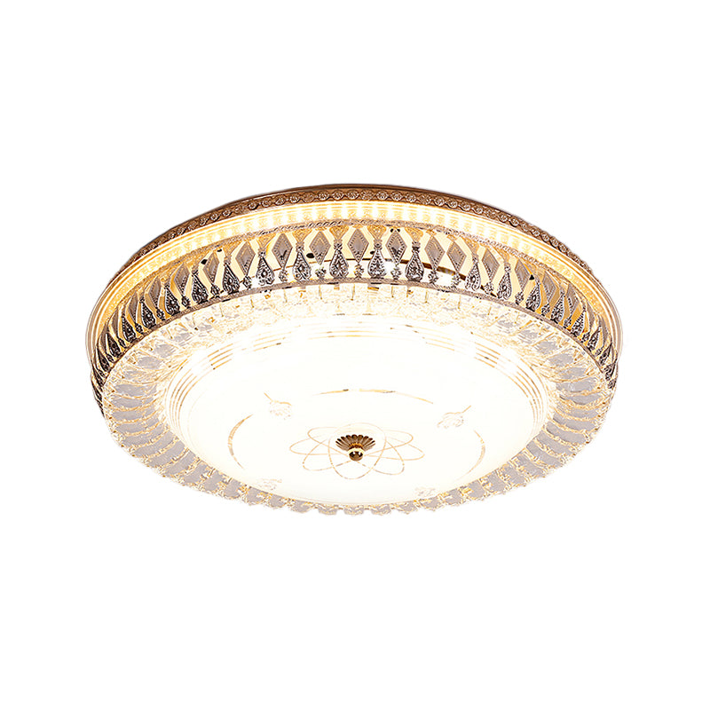 16"/19.5" W Drum Crystal Flush Mount Lamp with White Glass Shade Vintage Brass LED Ceiling Light Fixture Clearhalo 'Ceiling Lights' 'Close To Ceiling Lights' 'Close to ceiling' 'Flush mount' Lighting' 154599