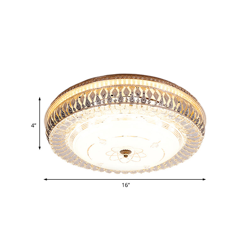 16"/19.5" W Drum Crystal Flush Mount Lamp with White Glass Shade Vintage Brass LED Ceiling Light Fixture Clearhalo 'Ceiling Lights' 'Close To Ceiling Lights' 'Close to ceiling' 'Flush mount' Lighting' 154600