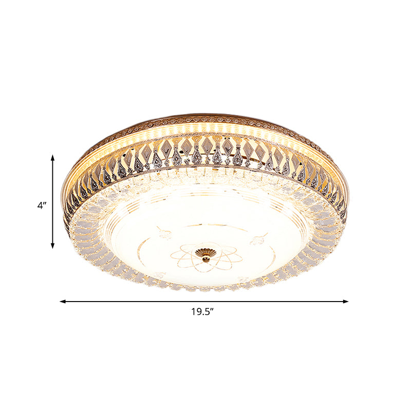 16"/19.5" W Drum Crystal Flush Mount Lamp with White Glass Shade Vintage Brass LED Ceiling Light Fixture Clearhalo 'Ceiling Lights' 'Close To Ceiling Lights' 'Close to ceiling' 'Flush mount' Lighting' 154601