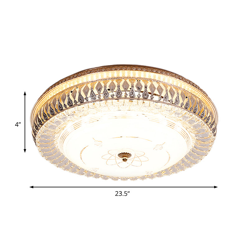 16"/19.5" W Drum Crystal Flush Mount Lamp with White Glass Shade Vintage Brass LED Ceiling Light Fixture Clearhalo 'Ceiling Lights' 'Close To Ceiling Lights' 'Close to ceiling' 'Flush mount' Lighting' 154602