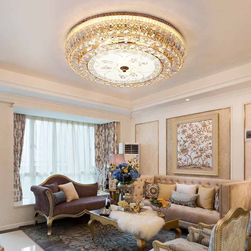 LED Drum Flush Light Modernism Clear Crystal Ceiling Light Fixture with Glass Diffuser and Flower/Butterfly Pattern in Gold Gold Butterfly Clearhalo 'Ceiling Lights' 'Close To Ceiling Lights' 'Close to ceiling' 'Flush mount' Lighting' 154621