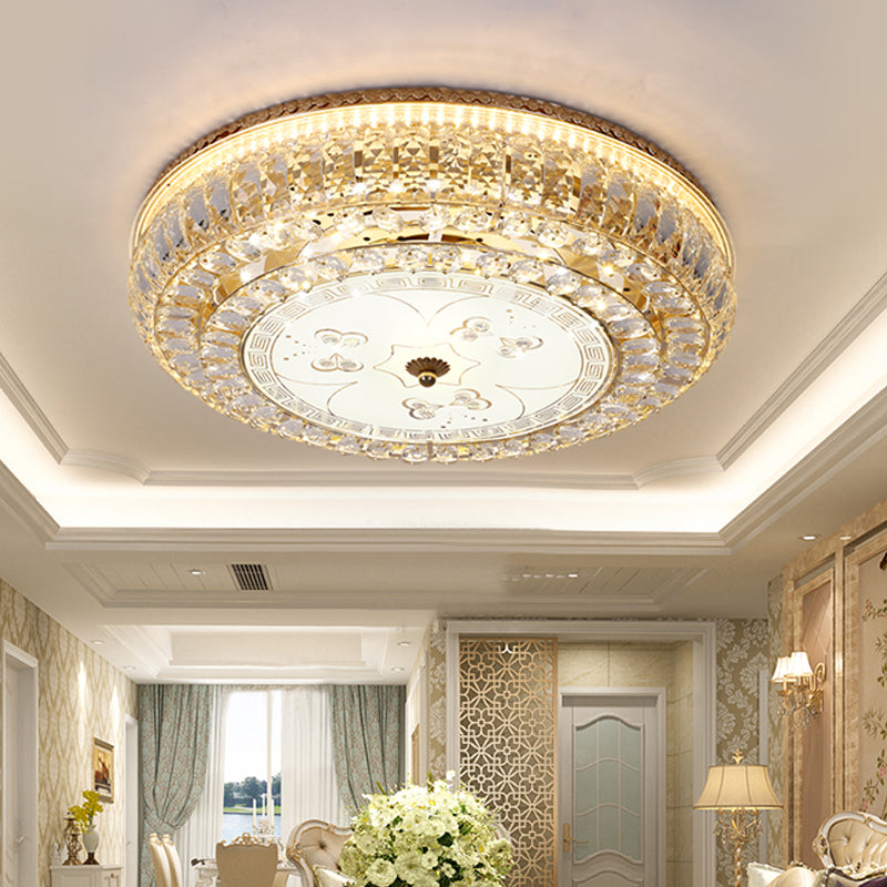 LED Drum Flush Light Modernism Clear Crystal Ceiling Light Fixture with Glass Diffuser and Flower/Butterfly Pattern in Gold Clearhalo 'Ceiling Lights' 'Close To Ceiling Lights' 'Close to ceiling' 'Flush mount' Lighting' 154622